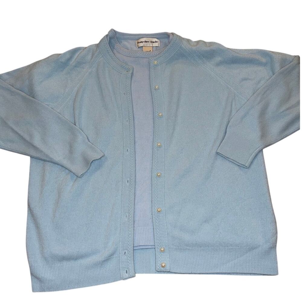 Hampshire Studio Cardigan & Top Petite Large USA Pearl Button Up Blue Acrylic